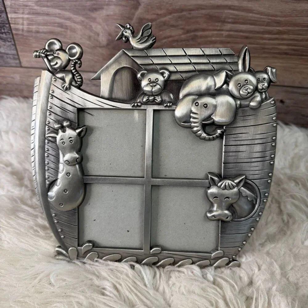 Vintage Pewter Noah’s Ark Picture Frame 4 Photo Section Animals Home Office